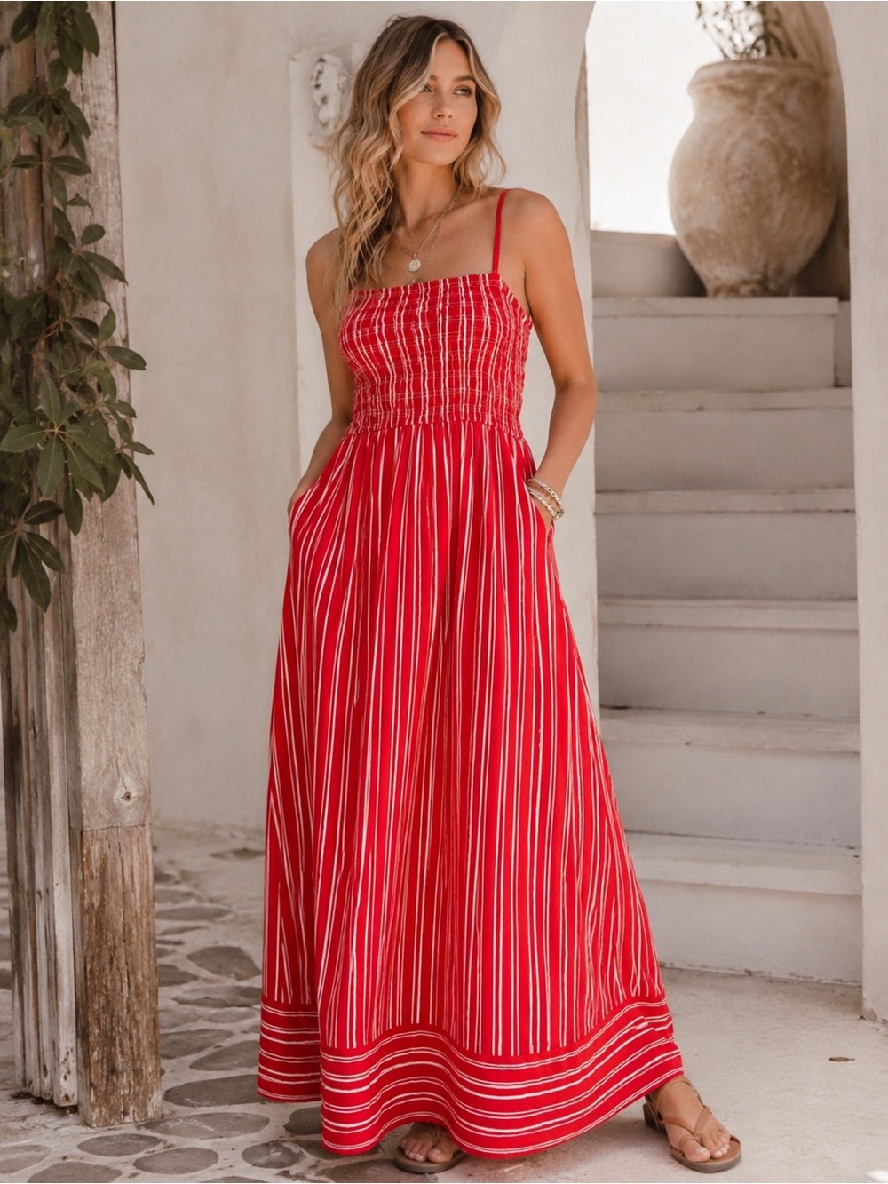 Cleobella Red White Stripe Smocked Maxi Dress Pockets Adjustable Straps Medium